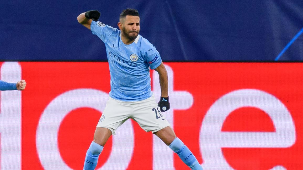 DORTMUND, GERMANY - APRIL 14:(BILD ZEITUNG OUT) Riyad Mahrez of Manchester City celebrates after scoring his team's first goal during the UEFA Champions League Quarter Final Second Leg match between Borussia Dortmund and Manchester City at Signal Iduna Park on April 14, 2021 in Dortmund, Germany. (Photo by Alex Gottschalk/DeFodi Images via Getty Images)	