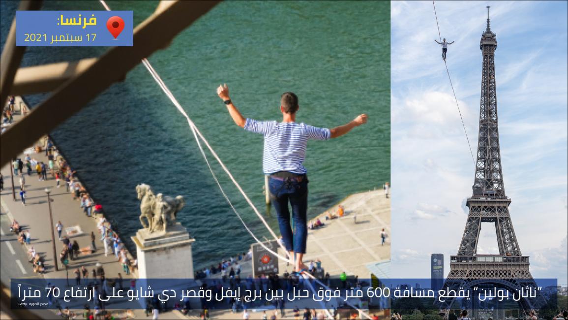 “ناثان بولين” يقطع مسافة 600 متر فوق حبل بين برج إيفل وقصر دي شايو على ارتفاع 70 متراً