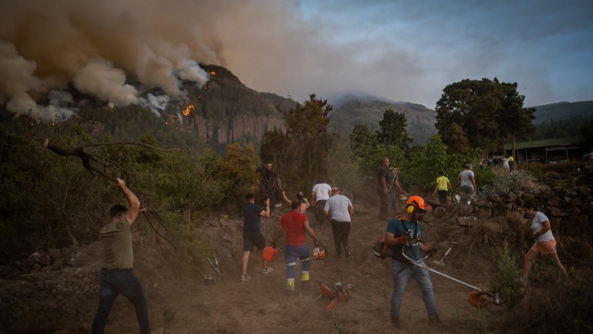 سكان يشاركون في جهود الإطفاء في تينيريفي (أندريه غوتيريز/الأناضول)