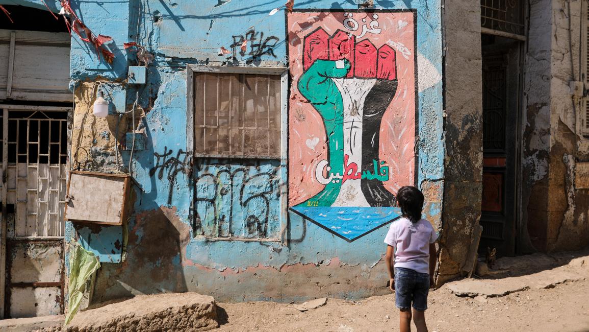 طفل ينظر إلى إحدى الجداريات الداعمة لفلسطين (أحمد حسب الله/ Getty)