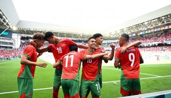 فرحة منتخب المغرب بأحد أهداف الفوز على ملعب جيوفري غيشارد، 24 يوليو/تموز 2024 (Getty)