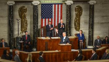 نتنياهو خلال خطاب سابق في الكونغرس، 3 مارس 2015 (Getty)