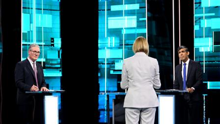سوناك وستارمر خلال أول مناظرة مباشرة للانتخابات العامة 4 يونيو 2024 (Getty)